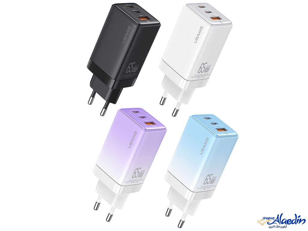 شارژر دیواری فست یو اس بی و تایپ سی 65 وات یوسامز USAMS US-CC180 ACC Three Ports GaN Charger EU Plug